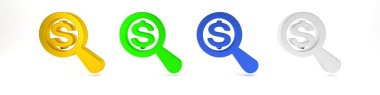 Beyaz arka planda izole edilmiş renkli büyüteç ve dolar simgesi. Para bul. Para arıyorum. Minimalizm kavramı. 3 Boyutlu resimleme