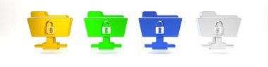 Renkli FTP dizini ve kilit simgesi beyaz arkaplanda izole edildi. Yazılım güncellemesi konsepti, ftp transfer protokolü. Güvenlik, güvenlik, koruma kavramı. Minimalizm kavramı. 3 Boyutlu resimleme