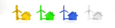 Beyaz arka planda izole edilmiş elektrik enerji üretimi ikonu için rüzgar türbinli renkli bir ev. Çevre dostu ev. Çevre koruma. Minimalizm kavramı. 3 Boyutlu resimleme