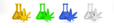 Beyaz arka planda marihuana veya kenevir yaprağı ikonu bulunan renkli kimyasal test tüpü. Araştırma konsepti. Laboratuvar CBD yağ konsepti. Minimalizm kavramı. 3 Boyutlu resimleme