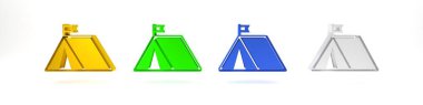 Beyaz arka planda izole edilmiş bayrak simgesi olan renkli turist çadırı. Kamp sembolü. Minimalizm kavramı. 3 Boyutlu resimleme