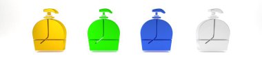Renkli bir şişe sıvı antibakteriyel sabun ve beyaz arka planda izole edilmiş şeker ikonu. Dezenfeksiyon, hijyen, cilt bakımı. Minimalizm kavramı. 3 Boyutlu resimleme