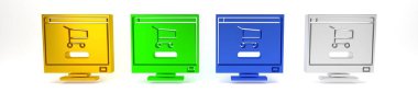 Ekran bilgisayarındaki renkli alışveriş arabası beyaz arkaplanda izole edildi. Konsept e-ticaret, e-ticaret, online iş pazarlama. Minimalizm kavramı. 3 Boyutlu resimleme