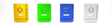 Beyaz arka planda izole edilmiş renkli Yahudi torah kitap ikonu. İncil 'in kapağında Davut Yıldızı' nın resmi var. Minimalizm kavramı. 3 Boyutlu resimleme