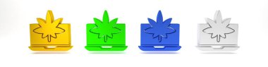 Renkli dizüstü bilgisayar ve tıbbi marihuana ya da kenevir yaprağı ikonu beyaz arka planda izole edilmiş. İnternetten satın alma sembolü. Süpermarket sepeti. Minimalizm kavramı. 3 Boyutlu resimleme
