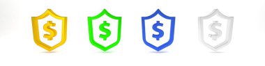 Beyaz arkaplanda dolar sembolü olan renkli bir kalkan. Güvenlik kalkanı koruması. Para güvenliği konsepti. Minimalizm kavramı. 3 Boyutlu resimleme