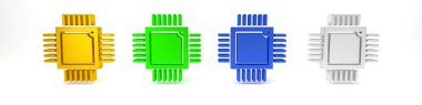 Beyaz arkaplanda izole edilmiş mikro devre işlemci simgesi olan renkli bilgisayar işlemcisi. Devre kartlı çip ya da işlemci. Mikro işlemci. Minimalizm kavramı. 3 Boyutlu resimleme