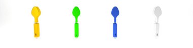 Beyaz arkaplanda renkli kaşık simgesi izole edildi. Mutfak aletleri. Çatal bıçak seti. Minimalizm kavramı. 3 Boyutlu resimleme