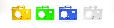 Beyaz arkaplanda renkli fotoğraf makinesi simgesi izole edildi. Foto kamera. Dijital fotoğrafçılık. Minimalizm kavramı. 3 Boyutlu resimleme