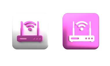 Renkli Yönlendirici ve kablosuz ağ sinyali simgesi beyaz arkaplanda izole edildi. Kablosuz ethernet modem yönlendirici. Bilgisayar teknolojisi interneti. Kare düğmesi. 3 Boyutlu resimleme