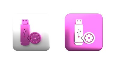 Renkli USB flaş bellek ve vites simgesi beyaz arkaplanda izole edildi. Uygulama, servis konsepti, ayar seçenekleri, bakım, onarım, onarım. Kare düğmesi. 3 Boyutlu resimleme