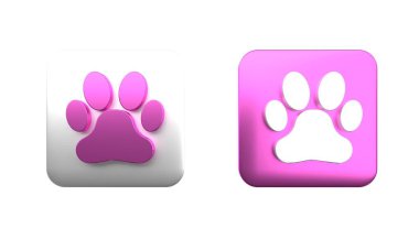 Colorful Paw print icon isolated on white background. Dog or cat paw print. Animal track. Square button. 3D render illustration clipart