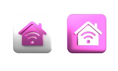 Beyaz arkaplanda kablosuz ağ ikonu olan renkli akıllı ev. Uzaktan kumanda. Kare düğmesi. 3 Boyutlu resimleme