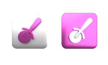 Beyaz arka planda izole edilmiş renkli pizza bıçağı ikonu. Pizza kesme tabelası. Çelik mutfak gereçleri. Kare düğmesi. 3 Boyutlu resimleme