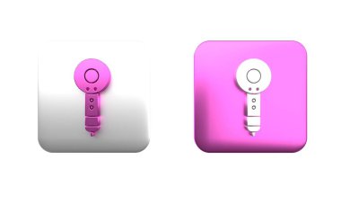 Beyaz arkaplanda renkli saç kurutma ikonu izole edildi. Saç kurutma makinesi tabelası. Saç kurutma sembolü. Sıcak hava üflüyor. Kare düğmesi. 3 Boyutlu resimleme