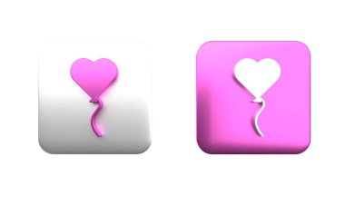 Beyaz arkaplanda izole edilmiş kurdele ikonu olan kalp şeklinde renkli balon. Sevgililer Günü sembolü. Kare düğmesi. 3 Boyutlu resimleme