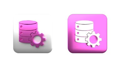 Renkli sunucu ve teçhizat simgesi beyaz arkaplanda izole edildi. Uygulama, servis konsepti, ayar seçenekleri, bakım, onarım, onarım. Kare düğmesi. 3 Boyutlu resimleme