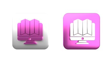 Ormanın beyaz arka planda izole edilmiş bir monitör simgesinde renkli bir konumu var. Kare düğmesi. 3 Boyutlu resimleme