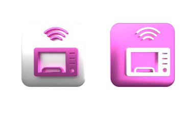 Renkli Akıllı Mikrodalga fırın sistemi simgesi beyaz arkaplanda izole edildi. Ev aletleri simgesi. İnternet kavramının kablosuz bağlantısı. Kare düğmesi. 3 Boyutlu resimleme