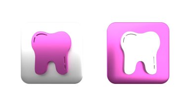 Beyaz arkaplanda renkli diş simgesi izole edildi. Diş hekimliği kliniği veya diş hekimliği merkezi ve diş macunu paketi için diş sembolü. Kare düğmesi. 3 Boyutlu resimleme