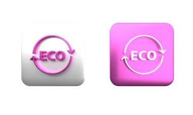 Renkli Sancak, etiket, etiket, eko yeşil sağlıklı yiyecek simgesi için logo beyaz arkaplanda izole edilmiş. Organik ürün. Sağlıklı yemek etiketi. Kare düğmesi. 3 Boyutlu resimleme