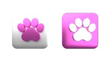 Colorful Paw print icon isolated on white background. Dog or cat paw print. Animal track. Square button. 3D render illustration clipart