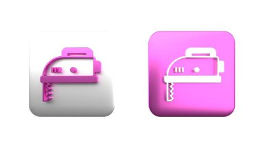 Beyaz zemin üzerinde çelik keskin bıçak ikonu olan renkli elektrikli yapboz. Ahşap işçiliği için elektrikli alet. Kare düğmesi. 3 Boyutlu resimleme