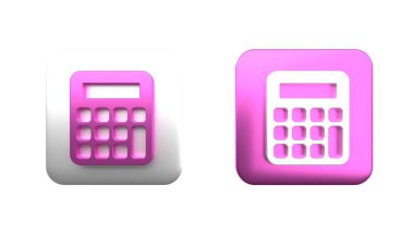 Beyaz arkaplanda renkli hesap makinesi simgesi izole edildi. Muhasebe sembolü. İş hesaplamaları matematik eğitimi ve finans. Kare düğmesi. 3 Boyutlu resimleme