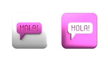 Beyaz arka planda izole edilmiş farklı dillerdeki renkli Hola simgesi. Konuşma baloncukları. Kare düğmesi. 3 Boyutlu resimleme