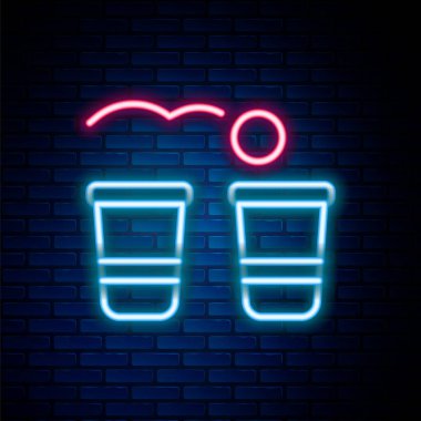 Parlayan neon hattı bira pong oyunu ikonu tuğla duvar arka planında izole edildi. Alkol partisi oyunu. Renkli taslak konsepti. Vektör