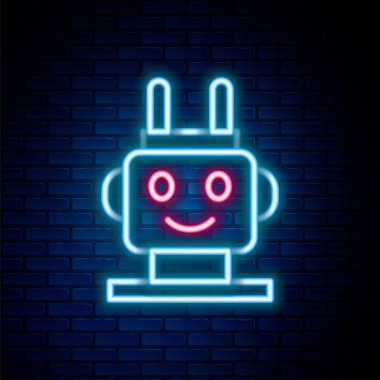 Parlayan neon hattı robot oyuncak ikonu tuğla duvar arkasında izole edildi. Renkli taslak konsepti. Vektör