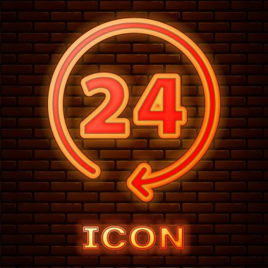 Parlayan neon saat. Duvarın arkasında 24 saat izole edilmiş bir ikon. Tüm gün döngü simgesi. 24 saat hizmet sembolü. Vektör.