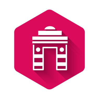 White India Gate in New Delhi, India icon isolated with long shadow. Gate way of India Mumbai. Pink hexagon button. Vector.