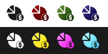 Siyah ve beyaz arkaplanda izole edilmiş turta grafiği ve dolar simgesi simgesini ayarla. Diyagram çizelgesi. Vektör.