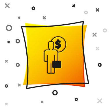 Siyah iş adamı beyaz arka planda izole edilmiş zihin ikonu planlıyor. Dolarlı insan kafası. Para kazanmak için bir fikir. Yatırım artışı. Sarı kare düğme. Vektör