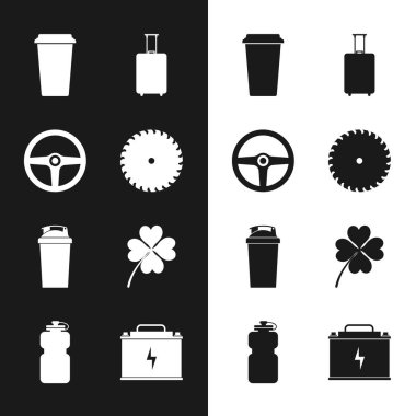 Set Circular saw blade, Steering wheel, Coffee cup, Travel suitcase, Fitness shaker and Four leaf clover icon. Vector clipart