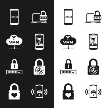 Mobil ve yüz tanıma, VPN Ağı bulut bağlantısı, parola, dizüstü bilgisayar, Parola koruması ve Güvenli kilit tekeri simgesi ayarla. Vektör