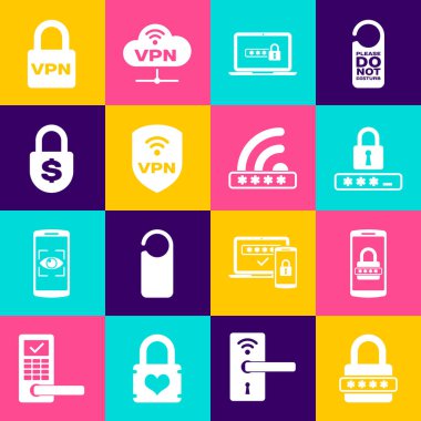Şifre koruması, cep telefonu ve şifre, dizüstü bilgisayar, kablosuz kalkan ve para kilidi simgesini ayarla. Vektör