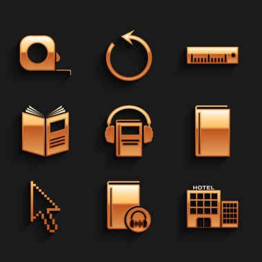 Set Audio book, Hotel building, Book, Pixel arrow cursor, Open, Ruler and Roulette construction icon. Vector clipart