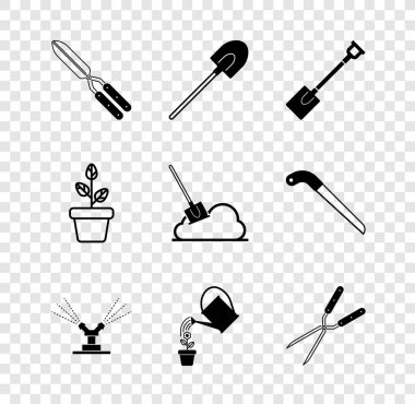 Bahçe makası, kürek, otomatik sulama fıskiyeleri, su kovası, saksı ve toprak ikonunu hazırla. Vektör