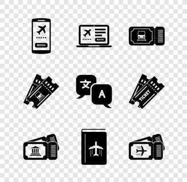 Cep telefonunu bilet, dizüstü bilgisayar, tren, müze, kapak kitabı seyahat rehberi, havayolu ve çevirmen simgesi ile ayarla. Vektör