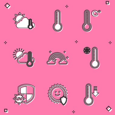 Termometreyi ve bulutu, güneşi, meteoroloji termometresini bulutlu gökkuşağını, ultraviyole korumayı ve ikonu ayarla. Vektör