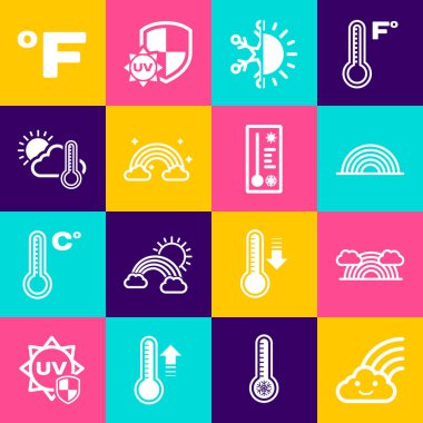 Gökkuşağını bulutlu, bulutlu, güneşli ve kar taneli, termometre güneşli, Fahrenheit ve Meteoroloji termometre ikonlu ayarla. Vektör