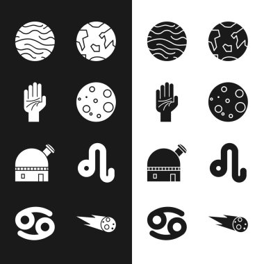 Set Moon, El Falı, Venüs Gezegeni, Dünya, Astronomik Gözlemevi, Leo Zodiac, Kuyrukluyıldız hızla düşüyor ve Kanser ikonu. Vektör