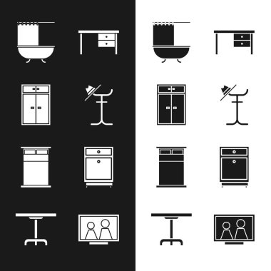 Kürk standı, Gardırop, duş perdeli küvet, ofis masası, büyük yatak, mobilya sehpası, resim çerçevesi ve yuvarlak ikon. Vektör