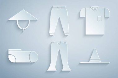 Set Pantolonu, Polo gömleği, spor çorapları, bahçıvan şapkası, pantolon ve Asya konik ikonu. Vektör