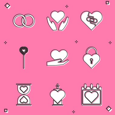 Set Wedding rings, Heart hand, Healed broken heart, Lollipop, Castle the shape of, center hourglass and Bottle with love potion icon. Vector clipart