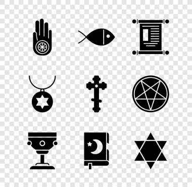 Jainism ya da Jain Dharma, Hristiyan balığı, Kehanet, kağıt, parşömen, parşömen, parşömen, kutsal Kur 'an kitabı, Yıldız Davut, kolye ve haç simgesi. Vektör
