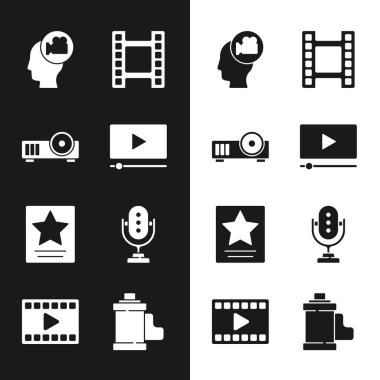 Set Online play video, Media projektör, Head with camera, Play Video, Hollywood Walk of Fame yıldızı, Mikrofon, Camera film cartridge and icon. Vektör
