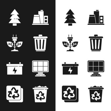 Çöp tenekesi, yaprak, Noel ağacı, fabrika, araba aküsü, güneş enerjisi paneli, geri dönüşüm ve ikona sahip geri dönüşüm kutusu. Vektör